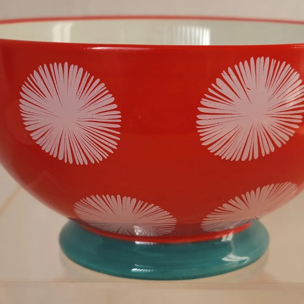 The Pioneer Woman Flea Market  Red White Turquoise Footed Bowl  6
